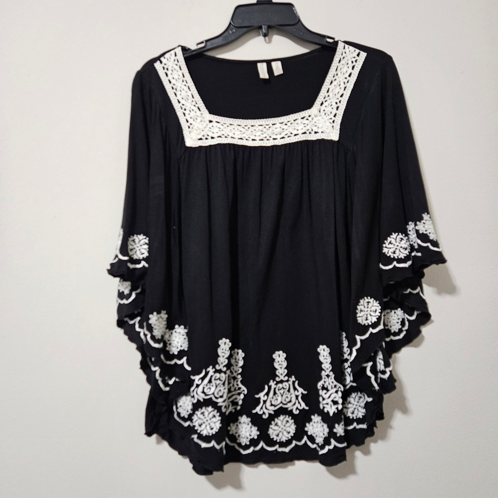 Madison Womens Black Embroidered Boho Angel Sleeve Blouse Crochet Square Neck‎ M